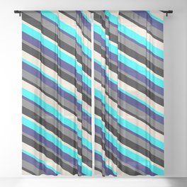 [ Thumbnail: Colorful Cyan, Midnight Blue, Dim Gray, Black, and Beige Colored Lines/Stripes Pattern Sheer Curtain ]
