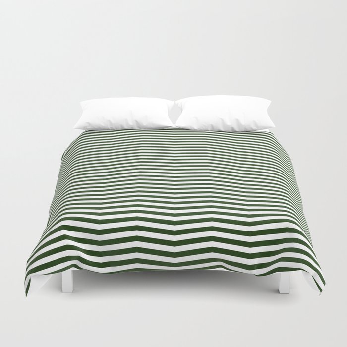 Dark Forest Green And White Chevron Zigzag Stripes Duvet Cover By
