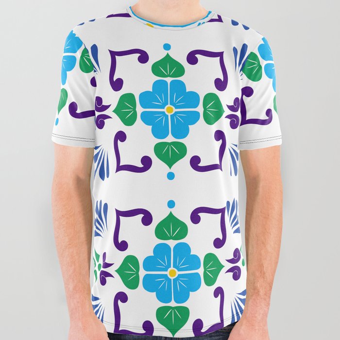 Cyan 3, Framed Talavera Flower All Over Graphic Tee
