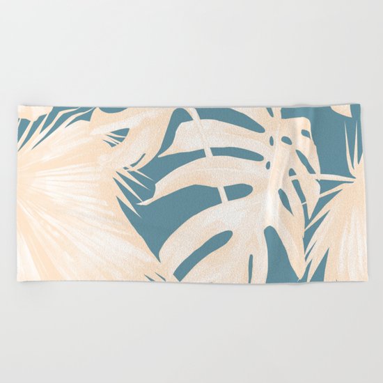 Palm Leaves Citrus on Deep Ocean Blue Beach Towel