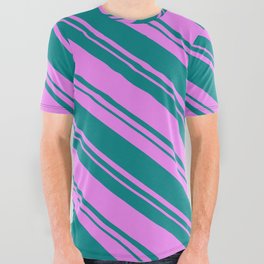 [ Thumbnail: Teal and Violet Colored Striped/Lined Pattern All Over Graphic Tee ]