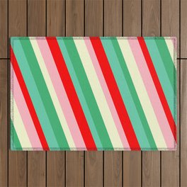 [ Thumbnail: Vibrant Sea Green, Aquamarine, Red, Light Pink, and Light Yellow Colored Stripes Pattern Outdoor Rug ]