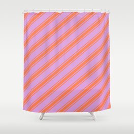 [ Thumbnail: Plum & Coral Colored Lines/Stripes Pattern Shower Curtain ]