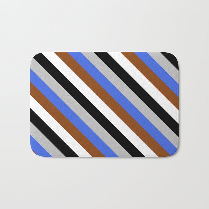 Colorful Grey, Royal Blue, Brown, White, and Black Colored Lined/Striped Pattern Bath Mat