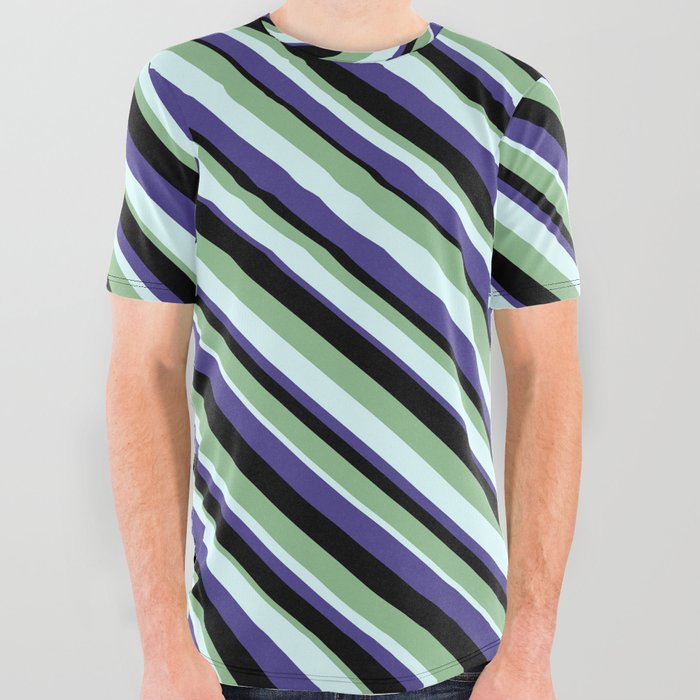 Dark Sea Green, Light Cyan, Dark Slate Blue, and Black Colored Pattern of Stripes All Over Graphic Tee