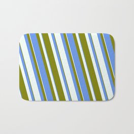 [ Thumbnail: Mint Cream, Green & Cornflower Blue Colored Striped/Lined Pattern Bath Mat ]
