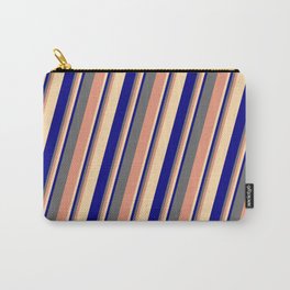 [ Thumbnail: Dim Gray, Dark Salmon, Tan & Blue Colored Lined/Striped Pattern Carry-All Pouch ]