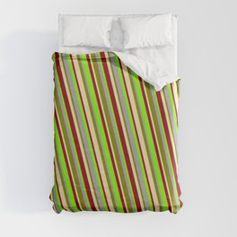 [ Thumbnail: Eye-catching Dark Grey, Green, Beige, Dark Red, and Chartreuse Colored Lined/Striped Pattern Duvet Cover ]