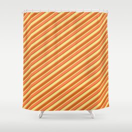 [ Thumbnail: Tan, Coral, and Chocolate Colored Lined Pattern Shower Curtain ]