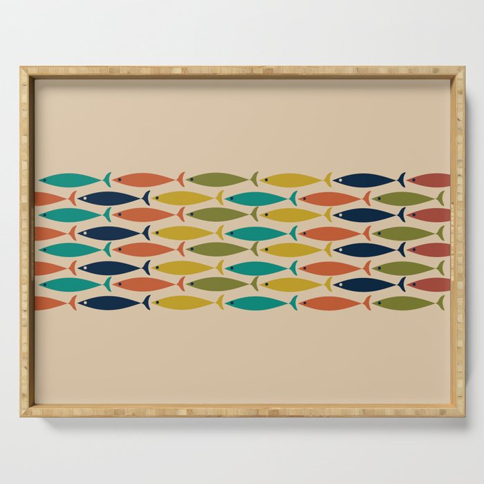 Midcentury Modern Multicolor Fish Stripe Pattern in Olive, Mustard, Orange, Teal, Beige Serving Tray