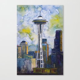 Seattle Washington Fine Art Watercolor Painting "Seattle Space Needle" Canvas Print
