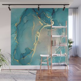 Aquamarine + Gold Abstract Hazy Swirl Wall Mural