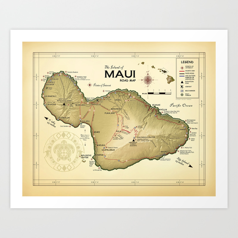 Road Map Of Maui Maui [Vintage Inspired] Kokua Logo Road Map Kunstdrucke Von Kokua Design  Company | Society6