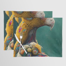 A fantasy portrait of an unusual bird in a fairy-tale elfin forest. Fabulous flower garden and cute fantasy birds. Concept of a colorful magic bird. Placemat