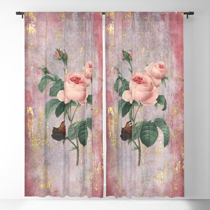 Vintage & Shabby Chic - Rose on pink grunge background  - Roses and flowers garden Blackout Curtain