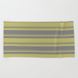 [ Thumbnail: Dark Khaki & Grey Colored Striped Pattern Beach Towel ]