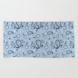 Black and White Paisley Pattern on Pale Blue Background Beach Towel