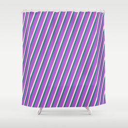 [ Thumbnail: Orchid, Bisque, and Dark Cyan Colored Lined Pattern Shower Curtain ]