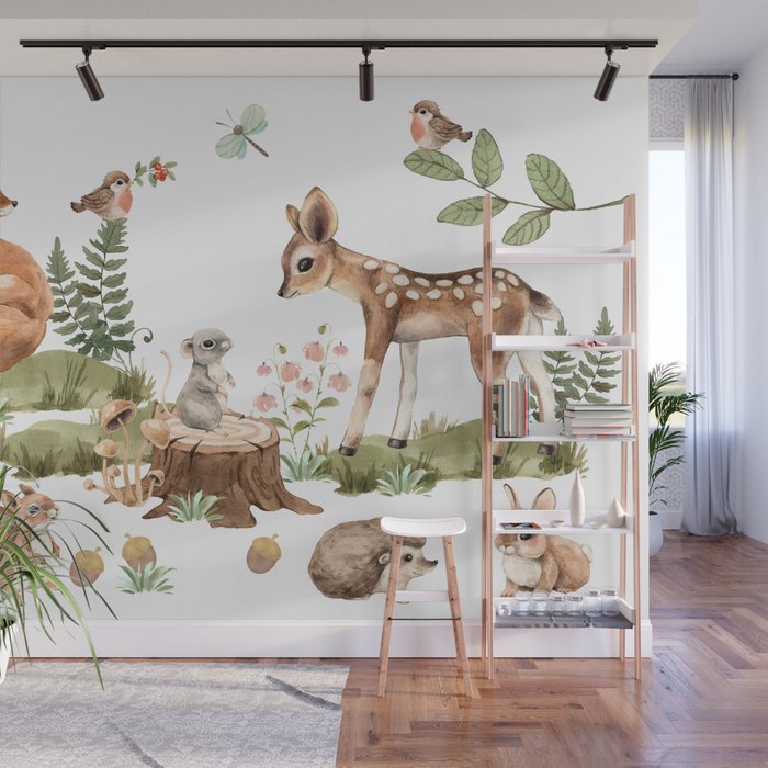 Watercolor Woodland Animals Wall Mural by decampstudios | Society6