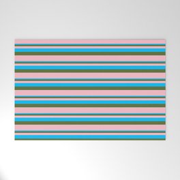[ Thumbnail: Deep Sky Blue, Dark Olive Green & Pink Colored Lined/Striped Pattern Welcome Mat ]