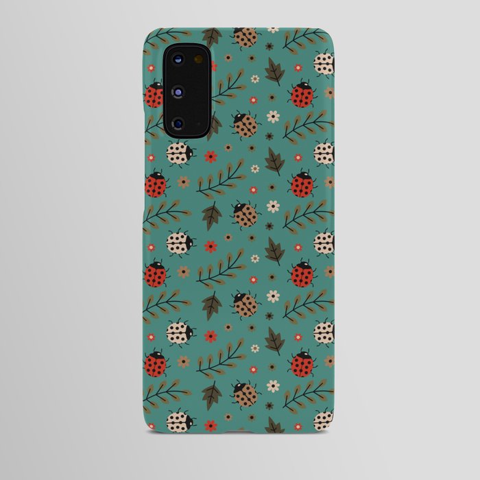 Ladybug and Floral Seamless Pattern on Green Blue Background Android Case