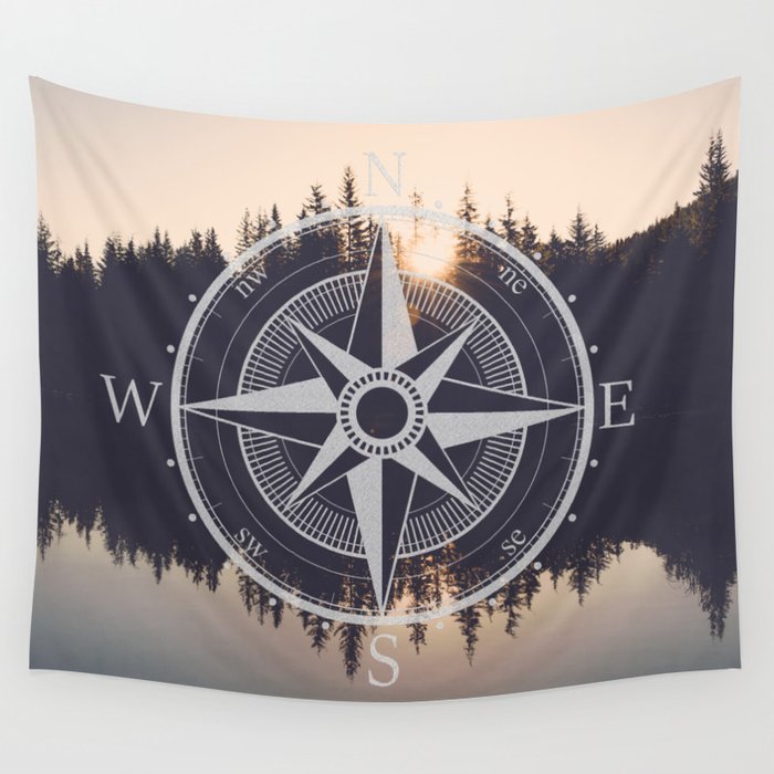 Wooded Lake Reflection Compass Wall Tapestry