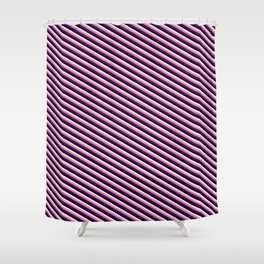 [ Thumbnail: Light Coral, Indigo, Black, and Lavender Colored Stripes/Lines Pattern Shower Curtain ]