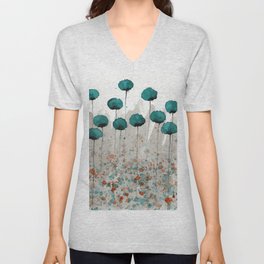 Teal and Gray Poppies V Neck T Shirt