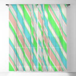 [ Thumbnail: Lime, Dark Turquoise, Dark Salmon, Beige, and Light Gray Colored Stripes/Lines Pattern Sheer Curtain ]