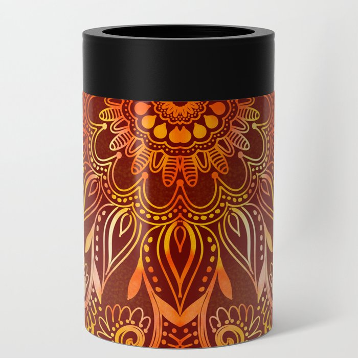 Earthy Red Mandala with Golden Flames Can Cooler