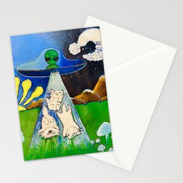 Alien abduction kitty cat trippy psychedelic sun and moon cartoon Stationery Cards