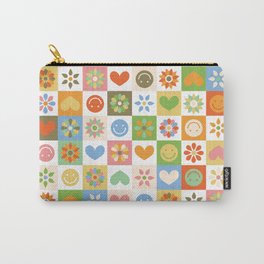 Hippie retro checkers | Smiley flower power | Rainbow 80s palette Carry-All Pouch