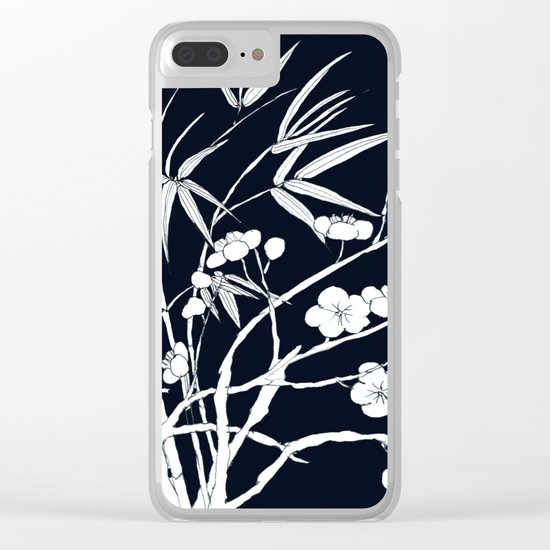 bamboo and plum flower white on black Clear iPhone Case