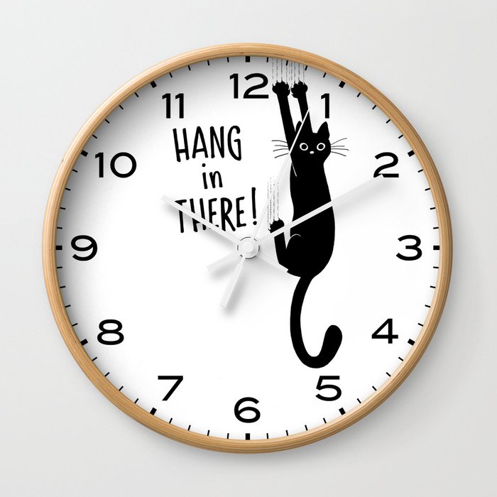 Hang in There! Funny Black Cat Hanging On Wall Clock