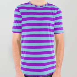 [ Thumbnail: Sky Blue & Dark Violet Colored Striped Pattern All Over Graphic Tee ]
