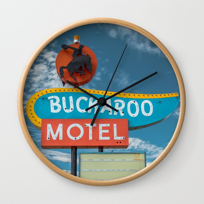 Buckaroo Motel Route 66 Vintage Neon Sign Nostalgia Wall Clock