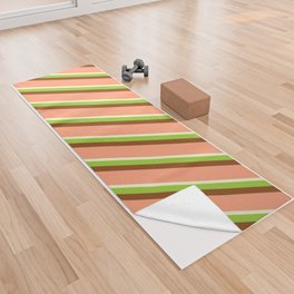 [ Thumbnail: Light Yellow, Green, Brown & Light Salmon Colored Lined/Striped Pattern Yoga Towel ]