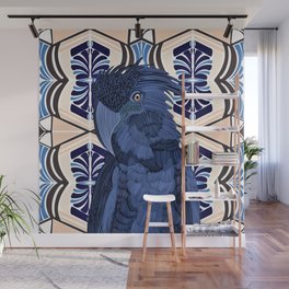 Red-tailed Black-Cockatoo on a modern blue pattern background Wall Mural
