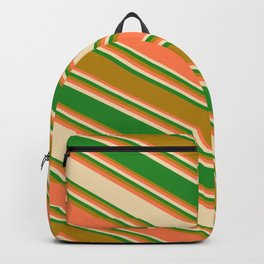 [ Thumbnail: Coral, Tan, Forest Green, and Dark Goldenrod Colored Stripes/Lines Pattern Backpack ]