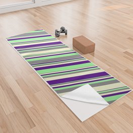 [ Thumbnail: Grey, Light Yellow, Indigo, and Green Colored Lines/Stripes Pattern Yoga Towel ]