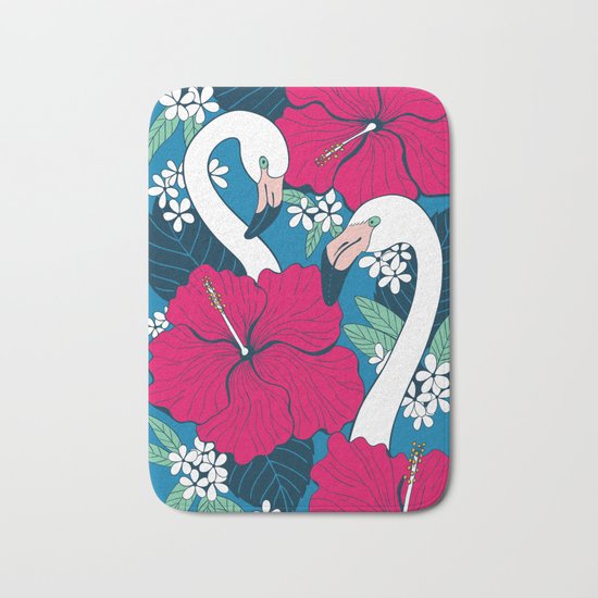 Flamingos and tropical flowers and leaves Bath Mat