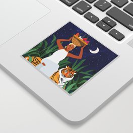 Tiger Camping, Wildlife Wild Jungle Illustration, Modern Bohemian Black Woman, Starry Night Moon Sticker