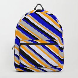 [ Thumbnail: Eye-catching Blue, Grey, Orange, Lavender, and Black Colored Stripes/Lines Pattern Backpack ]