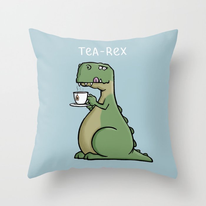 Tea-Rex - Funny T-Rex Dinosaur Tea Pun Cartoon Illustration Throw Pillow