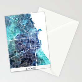 Chicago Illinois Map Navy Blue Turquoise Watercolor Stationery Card