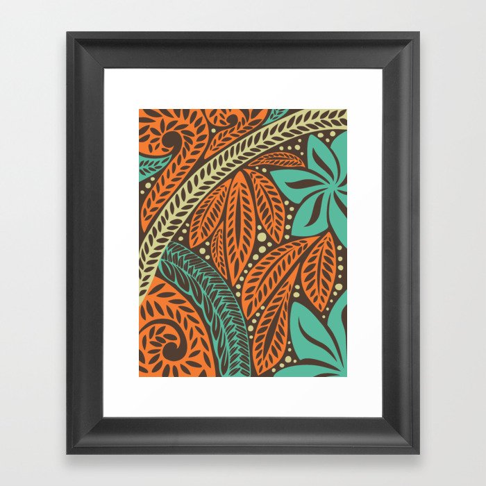 Blue orange retro colored Polynesian Hawaiian floral tattoo design Framed Art Print