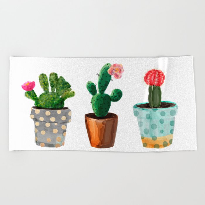 Three Cacti With Flowers On White Background Beach Towel