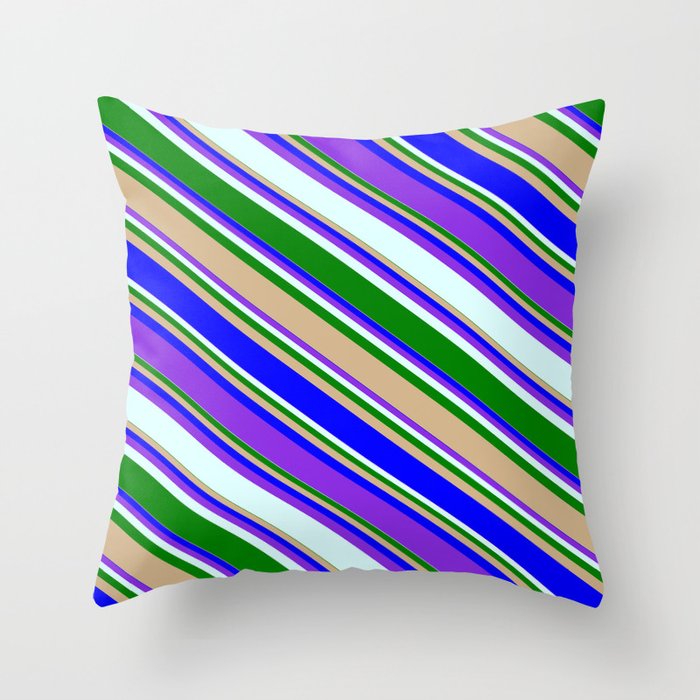 Colorful Green, Tan, Blue, Purple, and Light Cyan Colored Striped/Lined Pattern Throw Pillow