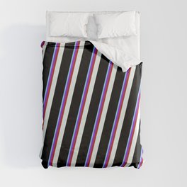 [ Thumbnail: Light Sky Blue, Purple, Red, Mint Cream, and Black Colored Lined/Striped Pattern Duvet Cover ]