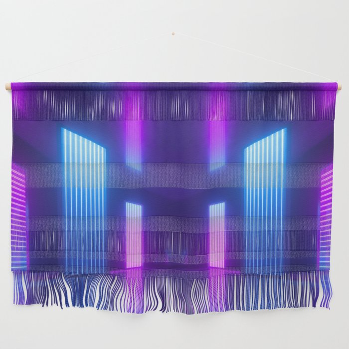 3d, blue pink violet neon abstract background, ultraviolet light, night club empty room interior, tunnel or corridor, glowing panels, fashion podium, performance stage decorations,  Wall Hanging